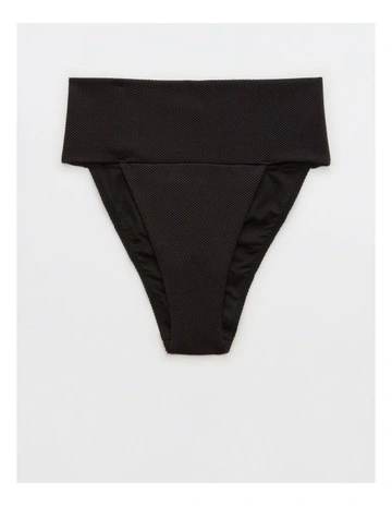 Aerie Shine Pique Banded High Cut Cheeky Bikini Bottom In True Black Myer
