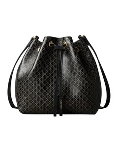 Emblem Allover Print Drawstring Crossbody Bag in Black
