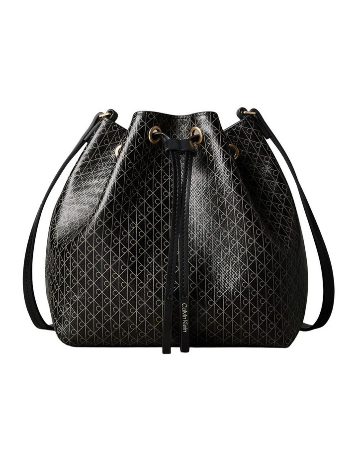 Emblem Allover Print Drawstring Crossbody Bag in Black image 1
