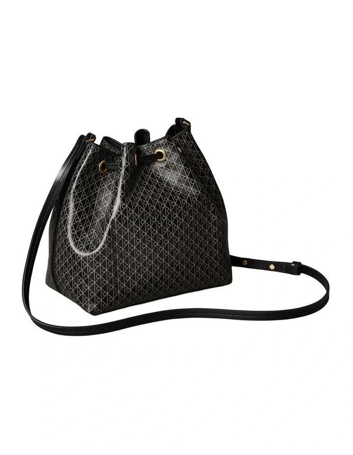 Emblem Allover Print Drawstring Crossbody Bag in Black image 2