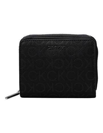Logo Zip Around Wallet in Black Monogram PU