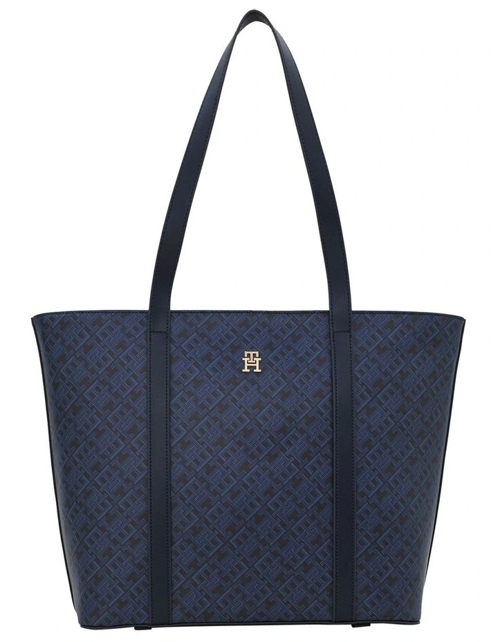 Monogram Print Tote Bag in Navy image 1