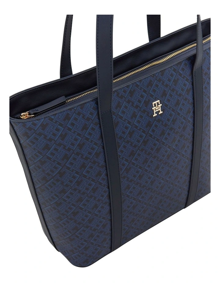 Monogram Print Tote Bag in Navy image 3