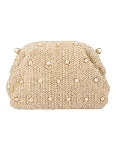 Kaia Studded Woven Clutch Bag in Natural