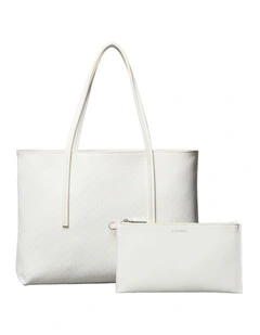 Emblem Allover Print Tote Bag With Pouch in White