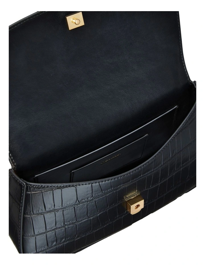 Top Handle Croc Crossbody Flap Bag in Black image 4
