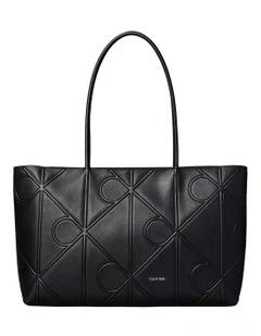 Embossed Leather Monogram Tote Bag in Black