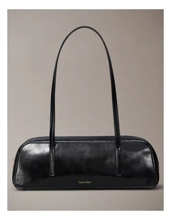 Glossy Embossed Logo Bauletto Shoulder Bag in Black
