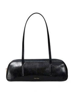 Glossy Embossed Logo Bauletto Shoulder Bag in Black
