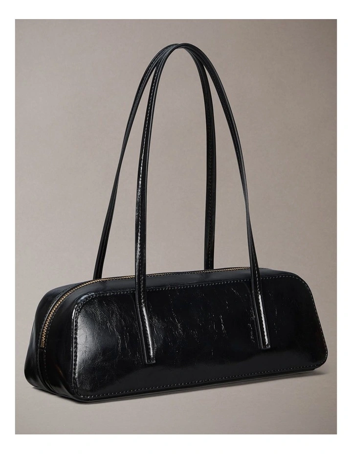 Glossy Embossed Logo Bauletto Shoulder Bag in Black image 2