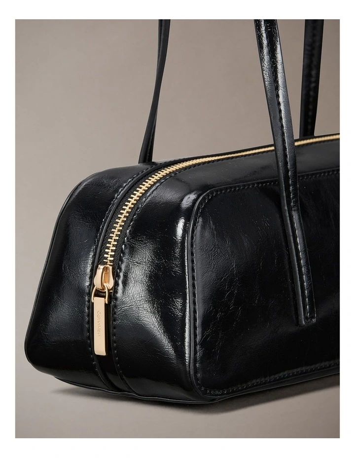 Glossy Embossed Logo Bauletto Shoulder Bag in Black image 3