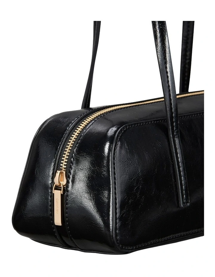 Glossy Embossed Logo Bauletto Shoulder Bag in Black image 3