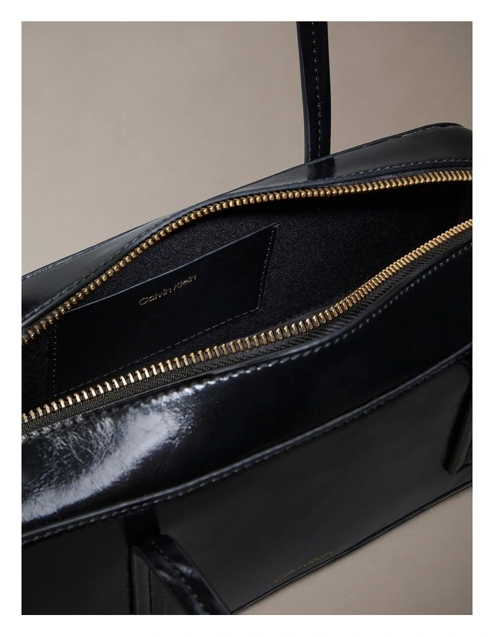 Glossy Embossed Logo Bauletto Shoulder Bag in Black image 4