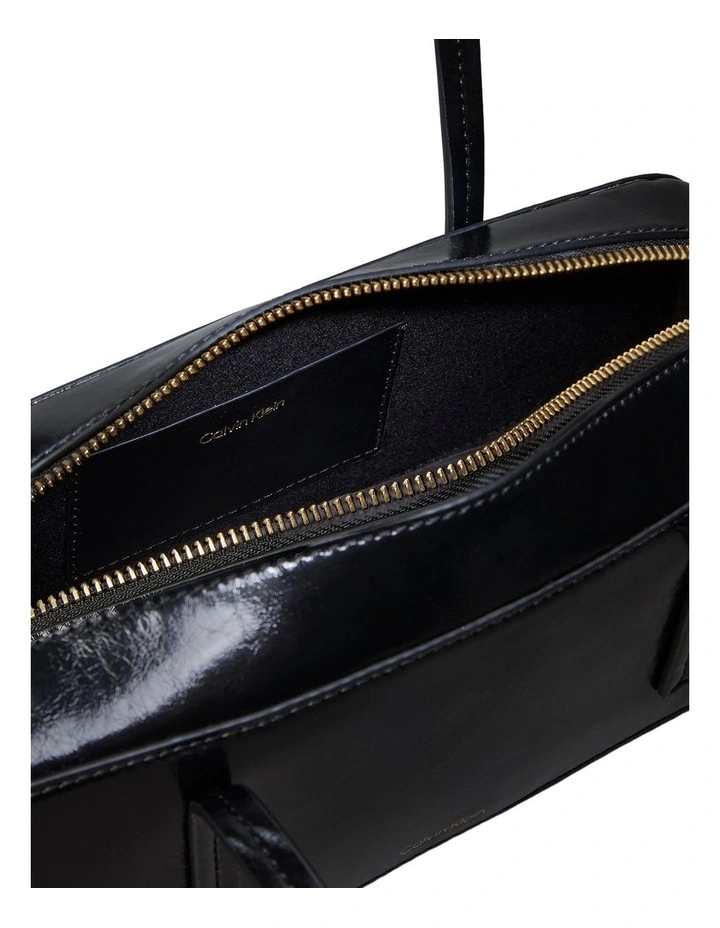 Glossy Embossed Logo Bauletto Shoulder Bag in Black image 4