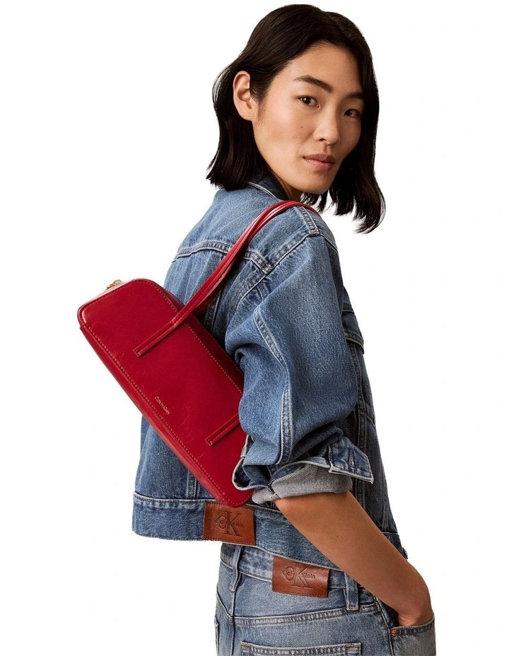 Glossy Embossed Logo Bauletto Shoulder Bag in Bordeaux Wine image 4