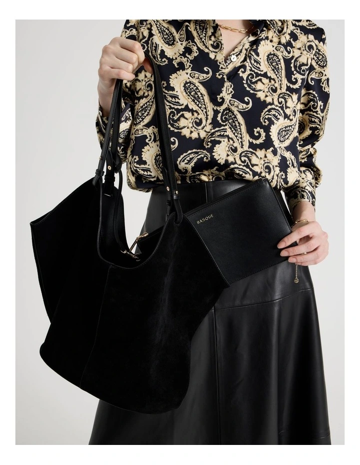 Kailee Suede Leather Tote Bag in Black image 2