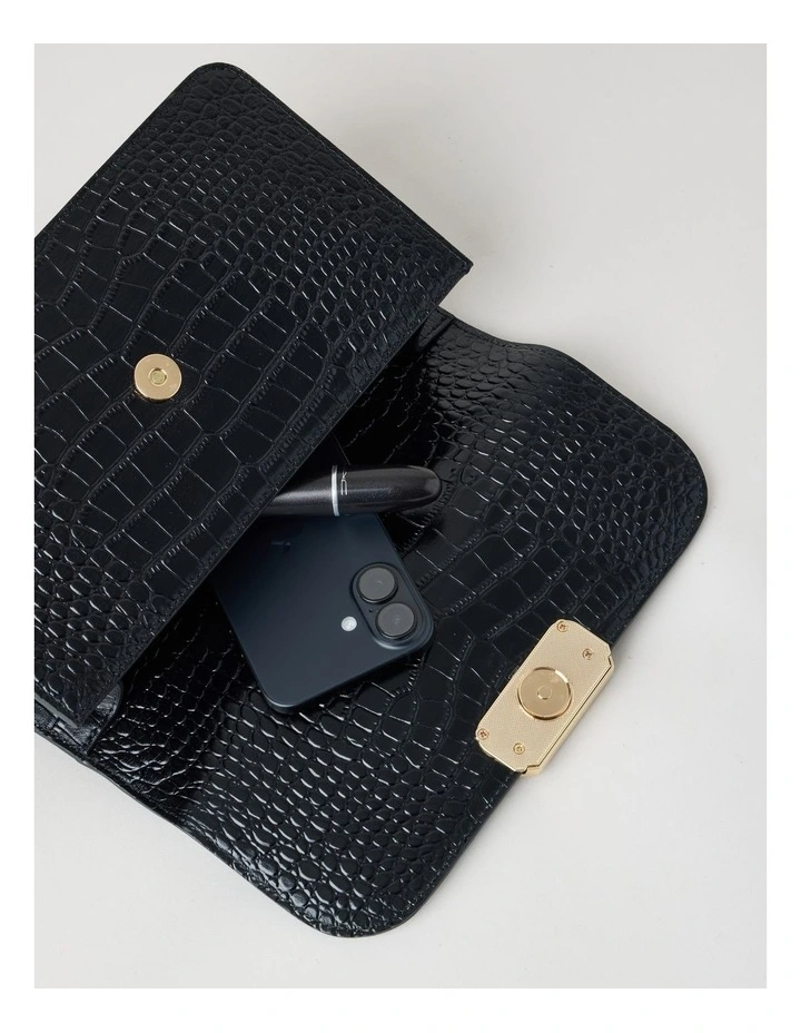 Fiona Croc Leather Satchel Bag in Black image 7