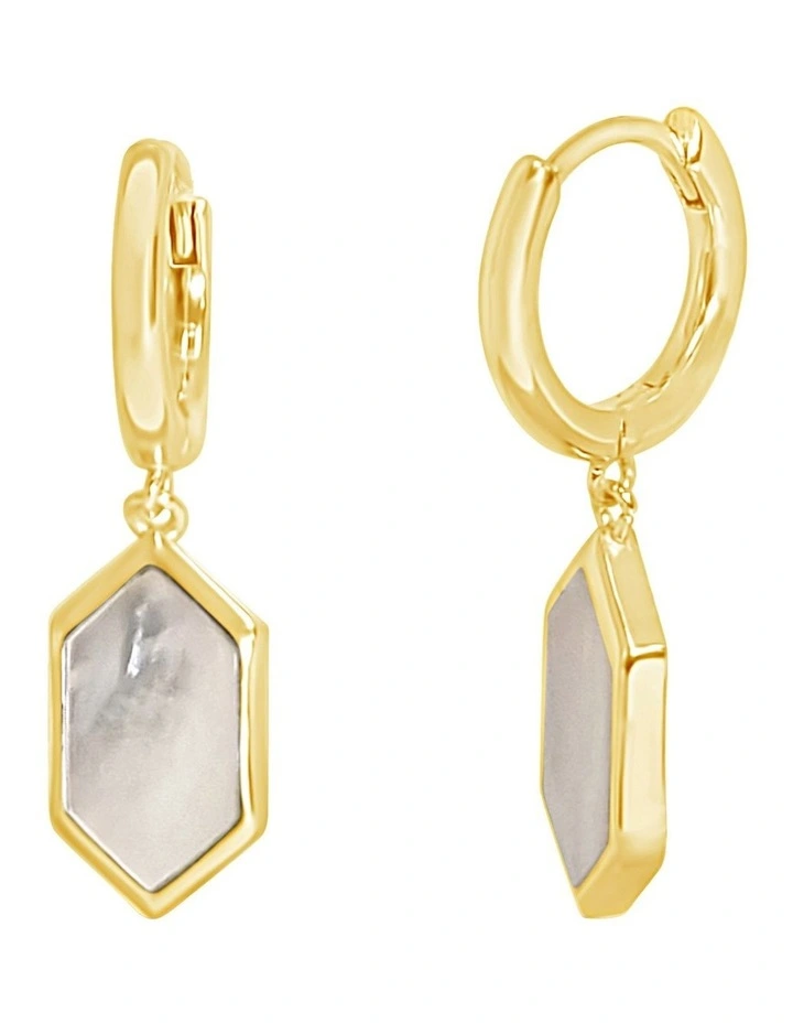 Hexagon MOP Gold Huggies in White image 1