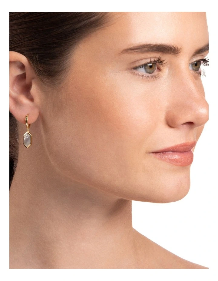 Hexagon MOP Gold Huggies in White image 2