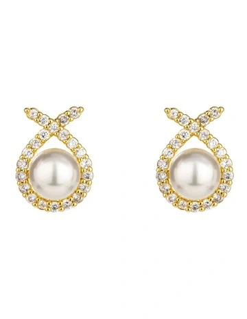 Cz Ribbon With Pearl Studs Earring in Gold