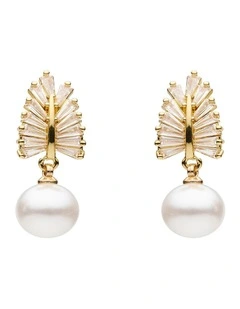 Pearl and Crystal Leaf Drop Earrings in White