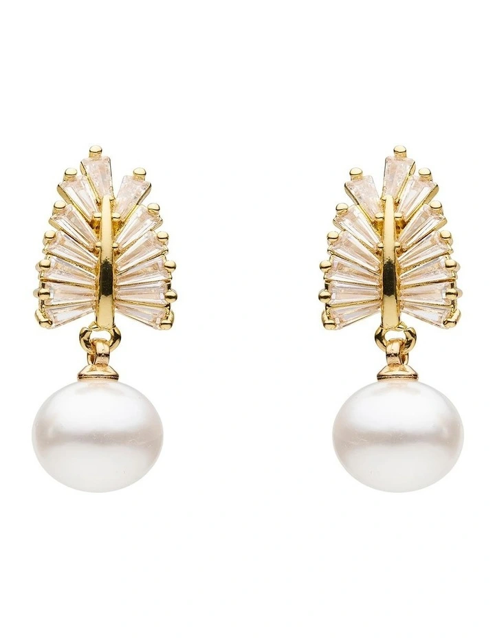 Pearl and Crystal Leaf Drop Earrings in White image 1