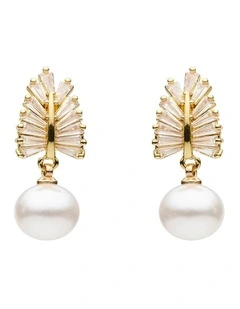 Pearl and Crystal Leaf Drop Earrings in White