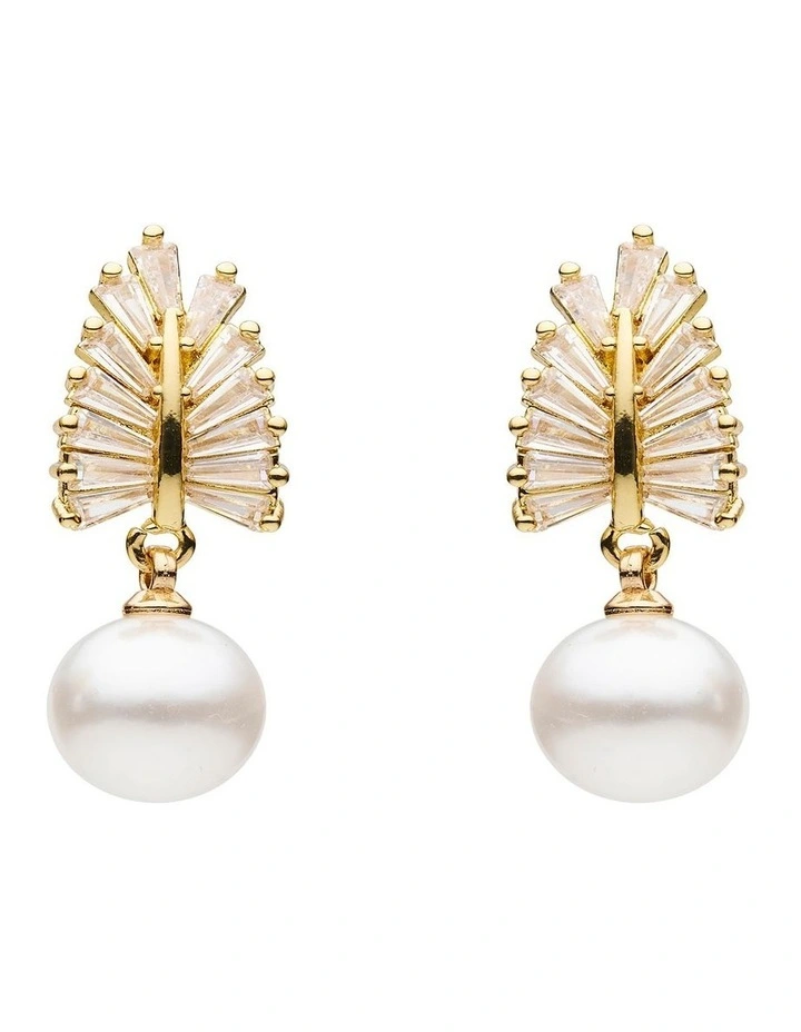 Pearl and Crystal Leaf Drop Earrings in White image 1