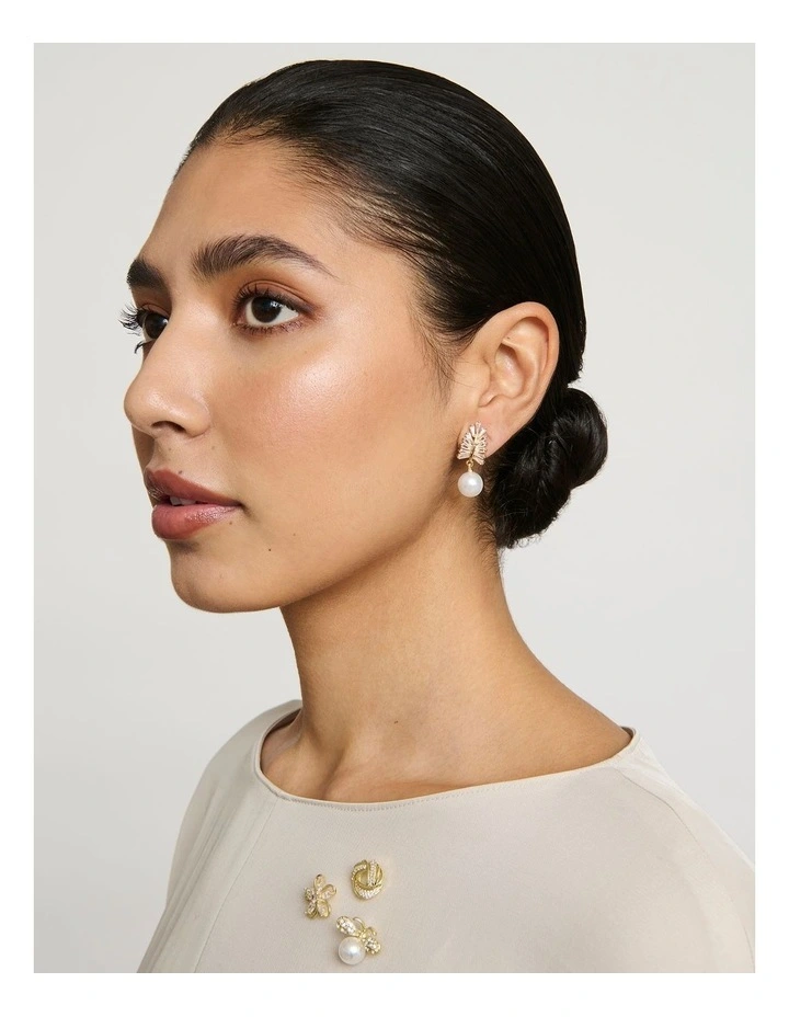 Pearl and Crystal Leaf Drop Earrings in White image 2