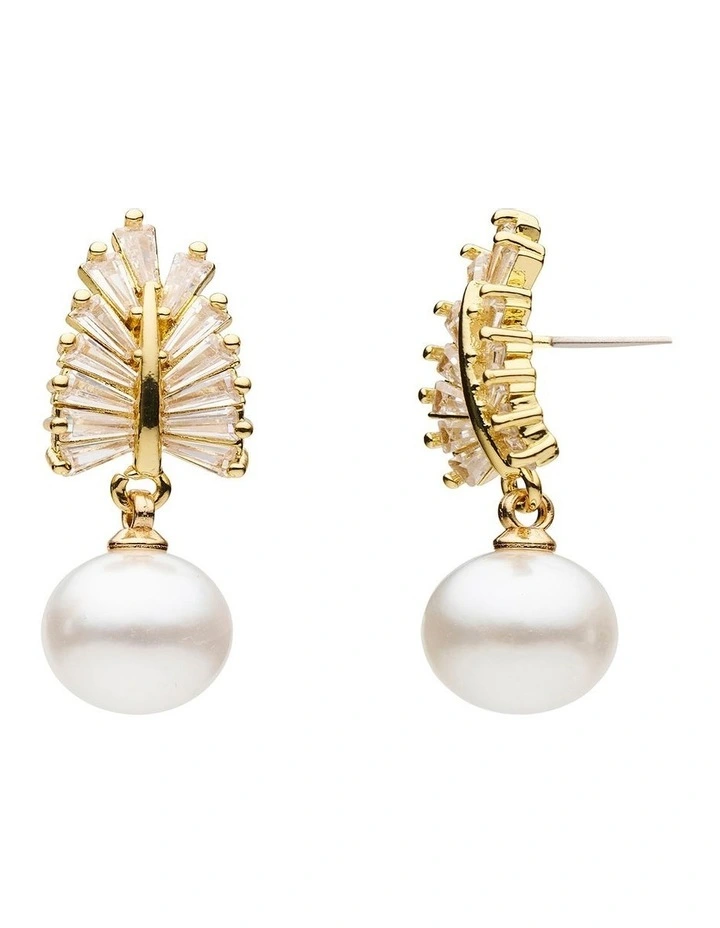 Pearl and Crystal Leaf Drop Earrings in White image 2
