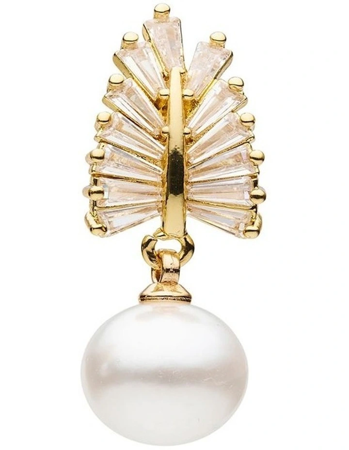 Pearl and Crystal Leaf Drop Earrings in White image 3