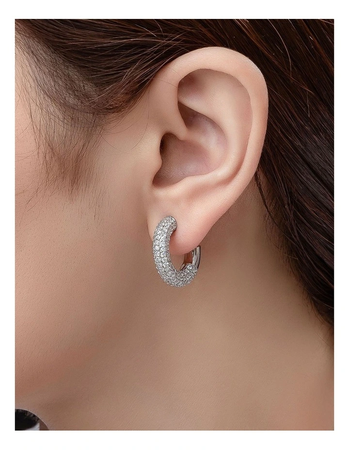Pave Cubic Zirconia Hoops Earrings in Silver image 3