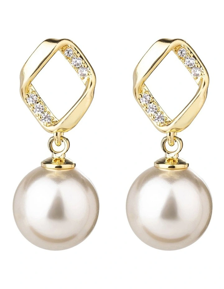 Diamond Drop Pearl Earrings in Gold image 1