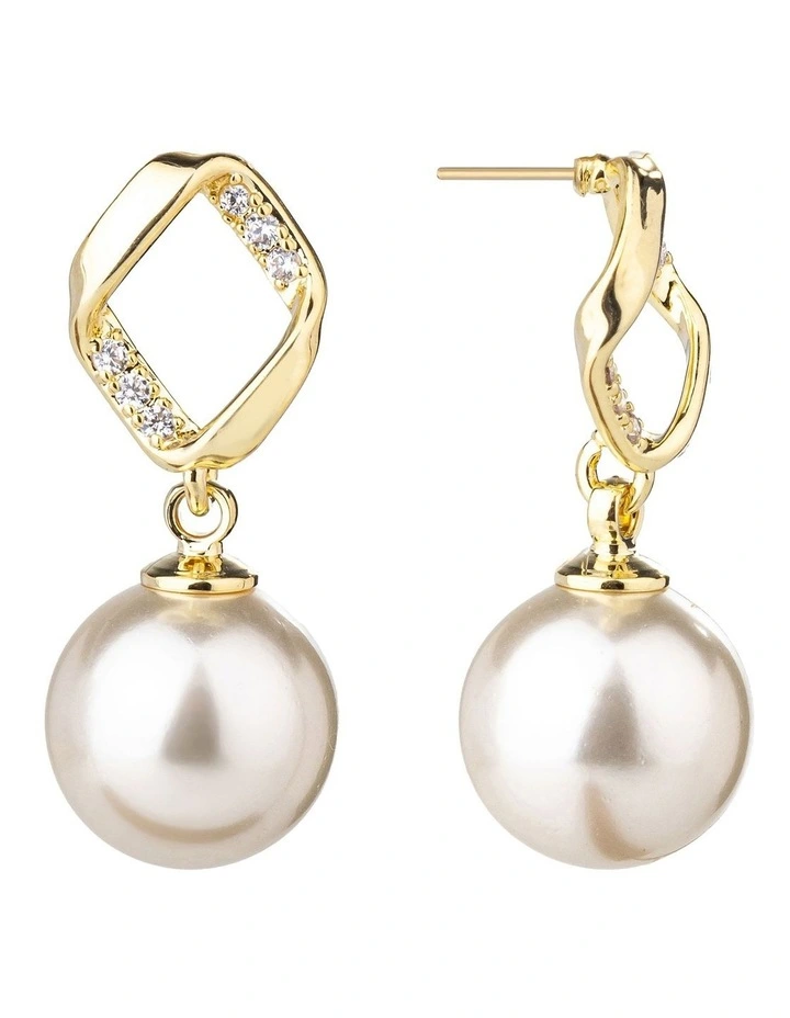 Diamond Drop Pearl Earrings in Gold image 2
