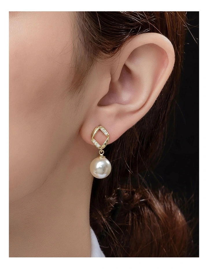 Diamond Drop Pearl Earrings in Gold image 3