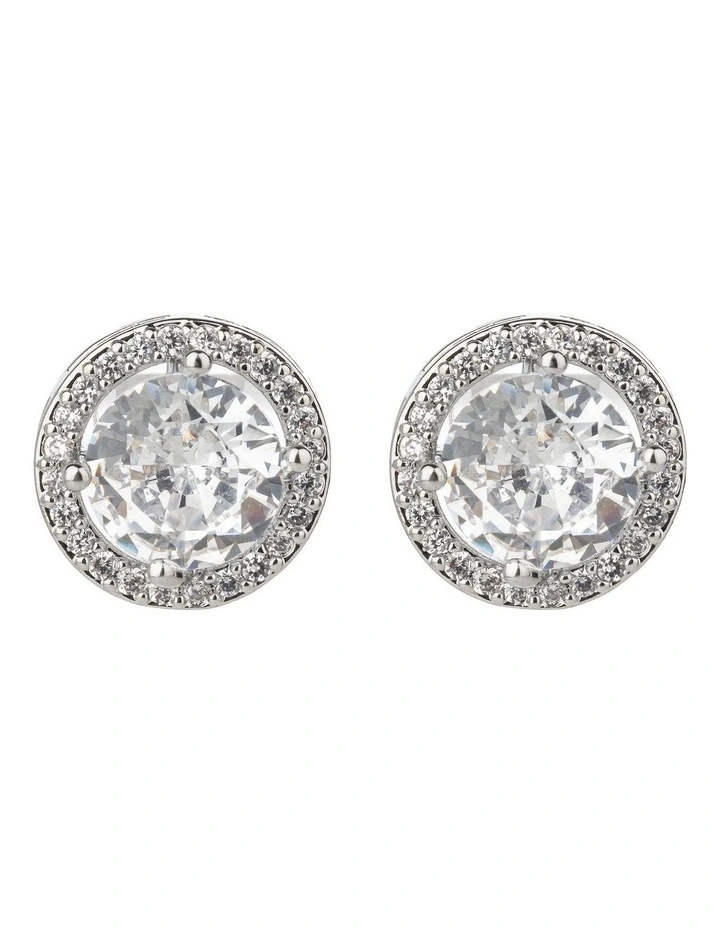 Large Round CZ Stud Earrings in Silver image 1