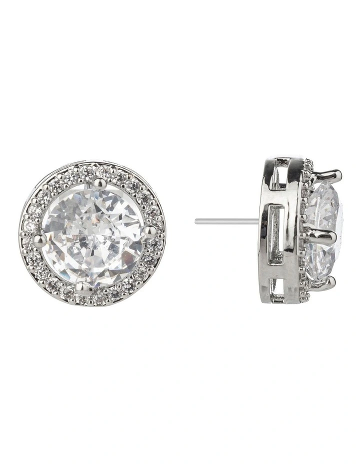 Large Round CZ Stud Earrings in Silver image 2