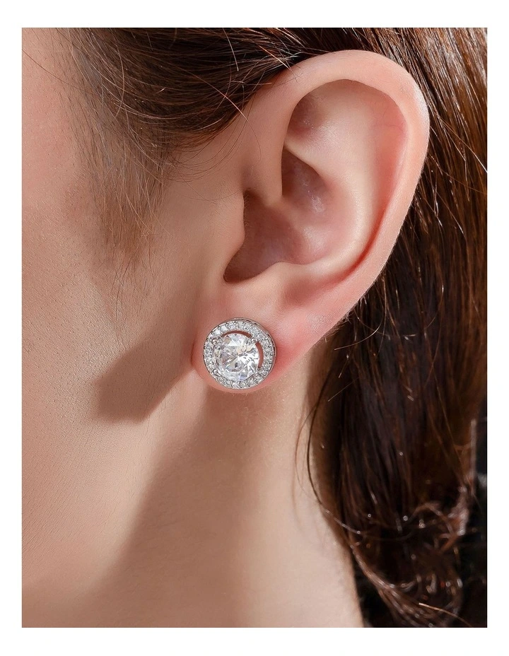 Large Round CZ Stud Earrings in Silver image 3