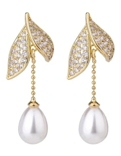 Leaf And Pearl Drop Earrings in Gold