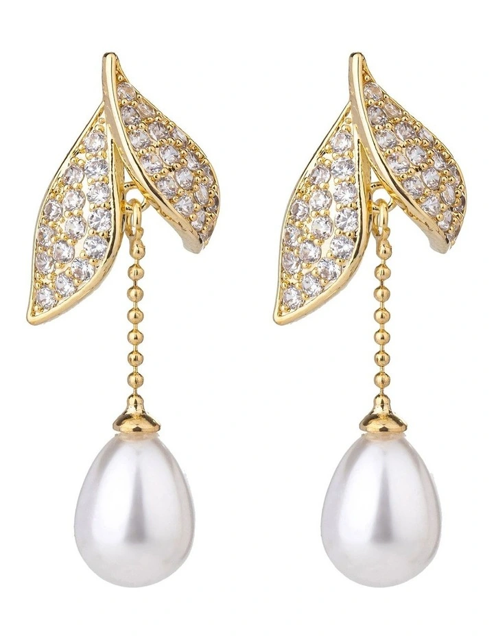 Leaf And Pearl Drop Earrings in Gold image 1