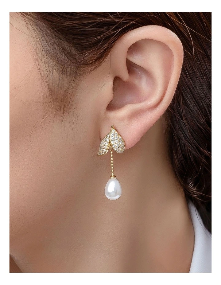 Leaf And Pearl Drop Earrings in Gold image 3