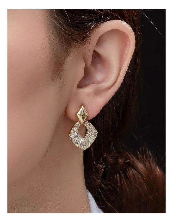 Diamond Drop Earrings With Baguette Cz in Gold image 3