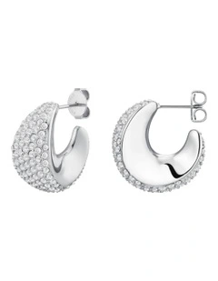 Pav Half Moon Hoop Earrings in Silver-Tone