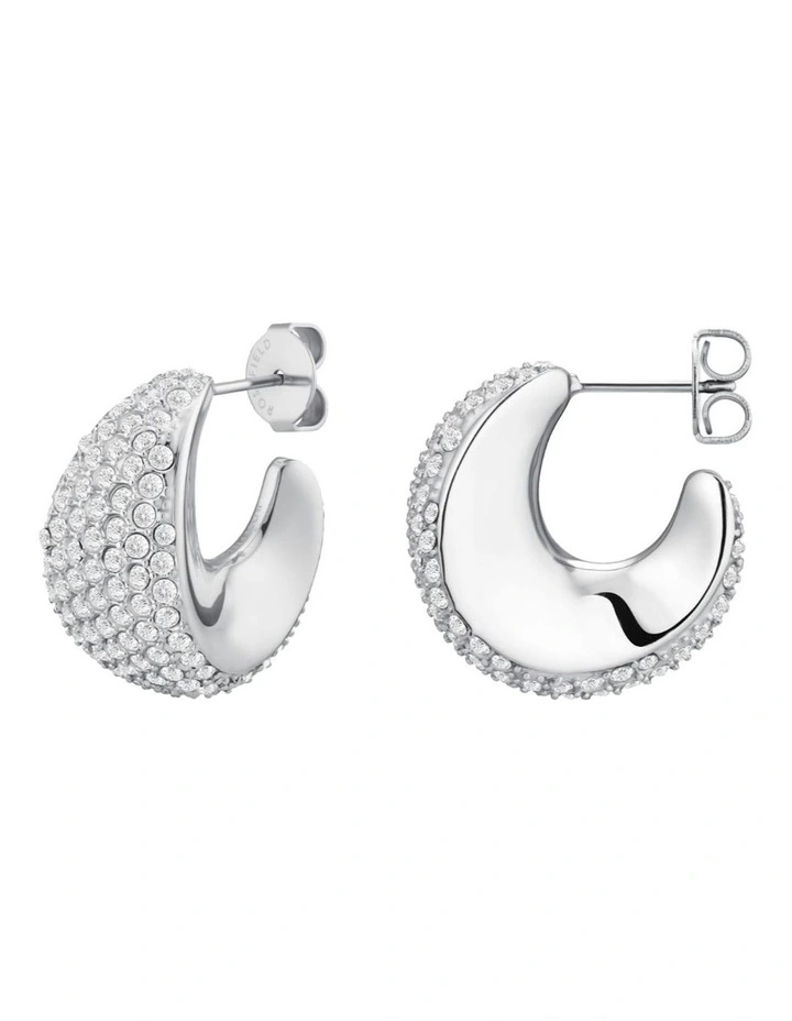 Pav Half Moon Hoop Earrings in Silver-Tone image 1