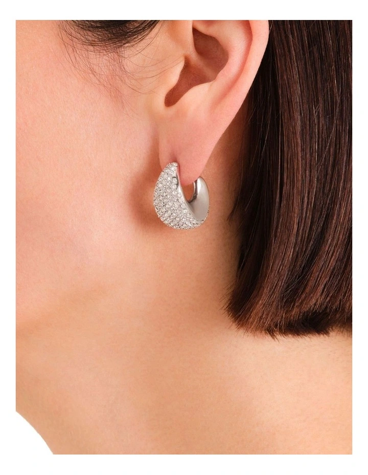 Pav Half Moon Hoop Earrings in Silver-Tone image 2