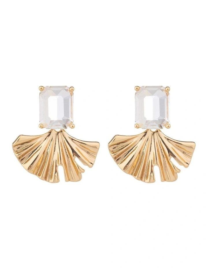 Rectangualr CZ Stud With Fan Drop Earrings GJEE099M in Gold image 1