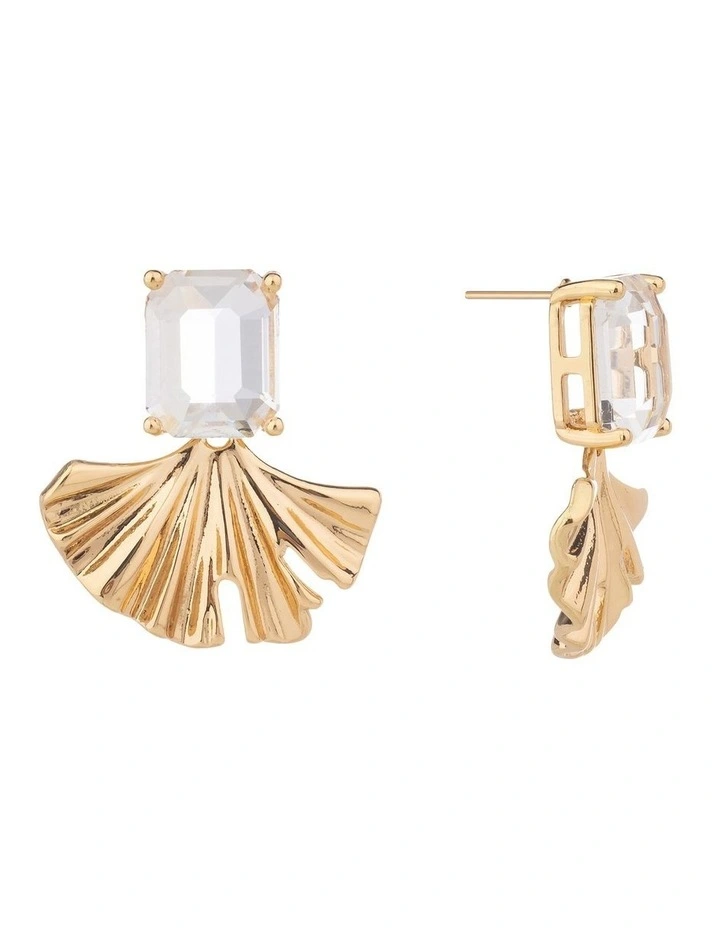 Rectangualr CZ Stud With Fan Drop Earrings GJEE099M in Gold image 2