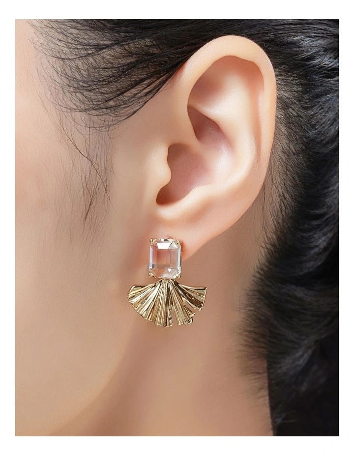 Rectangualr CZ Stud With Fan Drop Earrings GJEE099M in Gold image 3