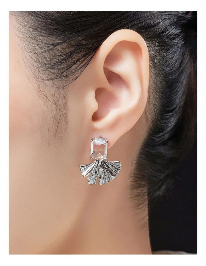 Rectangualr CZ Stud With Fan Drop Earrings GJEE099M in Silver image 3