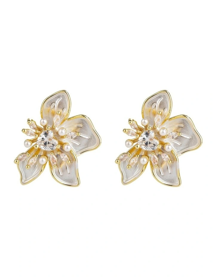 Enamel Look Fower Earrings With Micro Pearls GJEC084M in Gold image 1